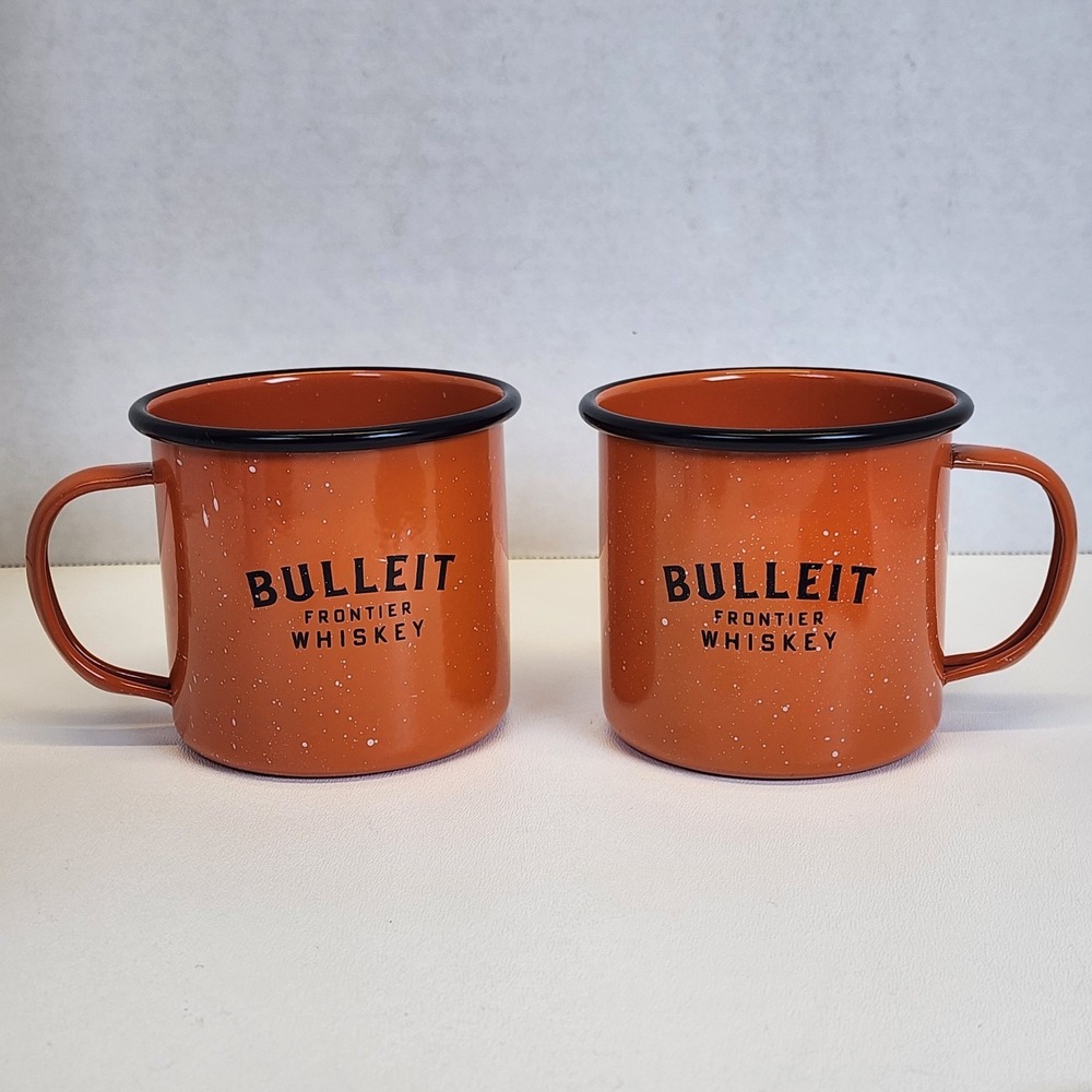 Bulleit Frontier Whiskey Enamel Metal Camp Mug Set Orange Speckled